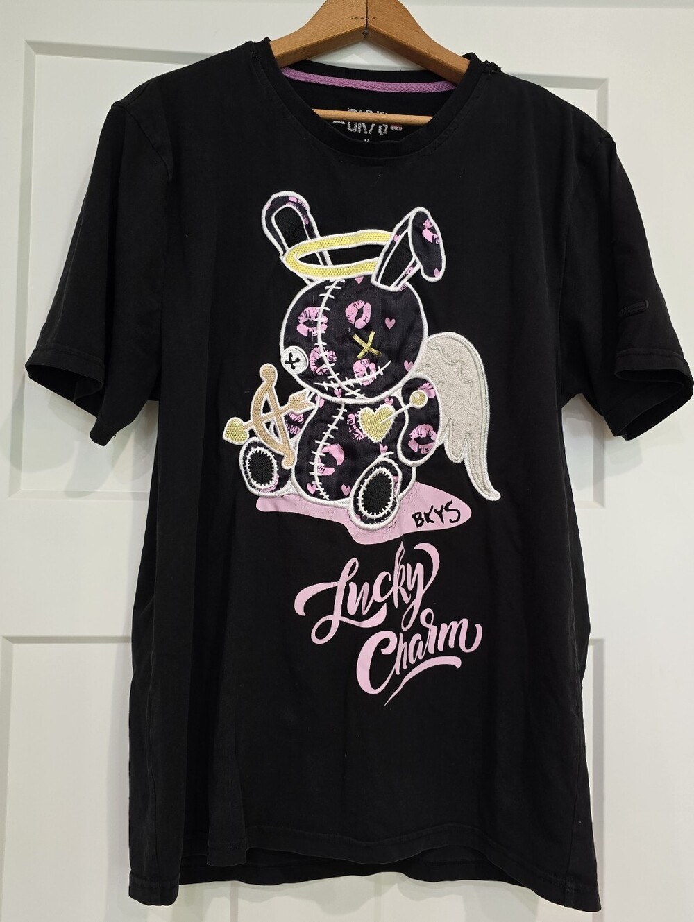 BKYS Shirt M Black Embroidered Lucky Charm Bunny Pink Angel Tshirt Gothic Punk
